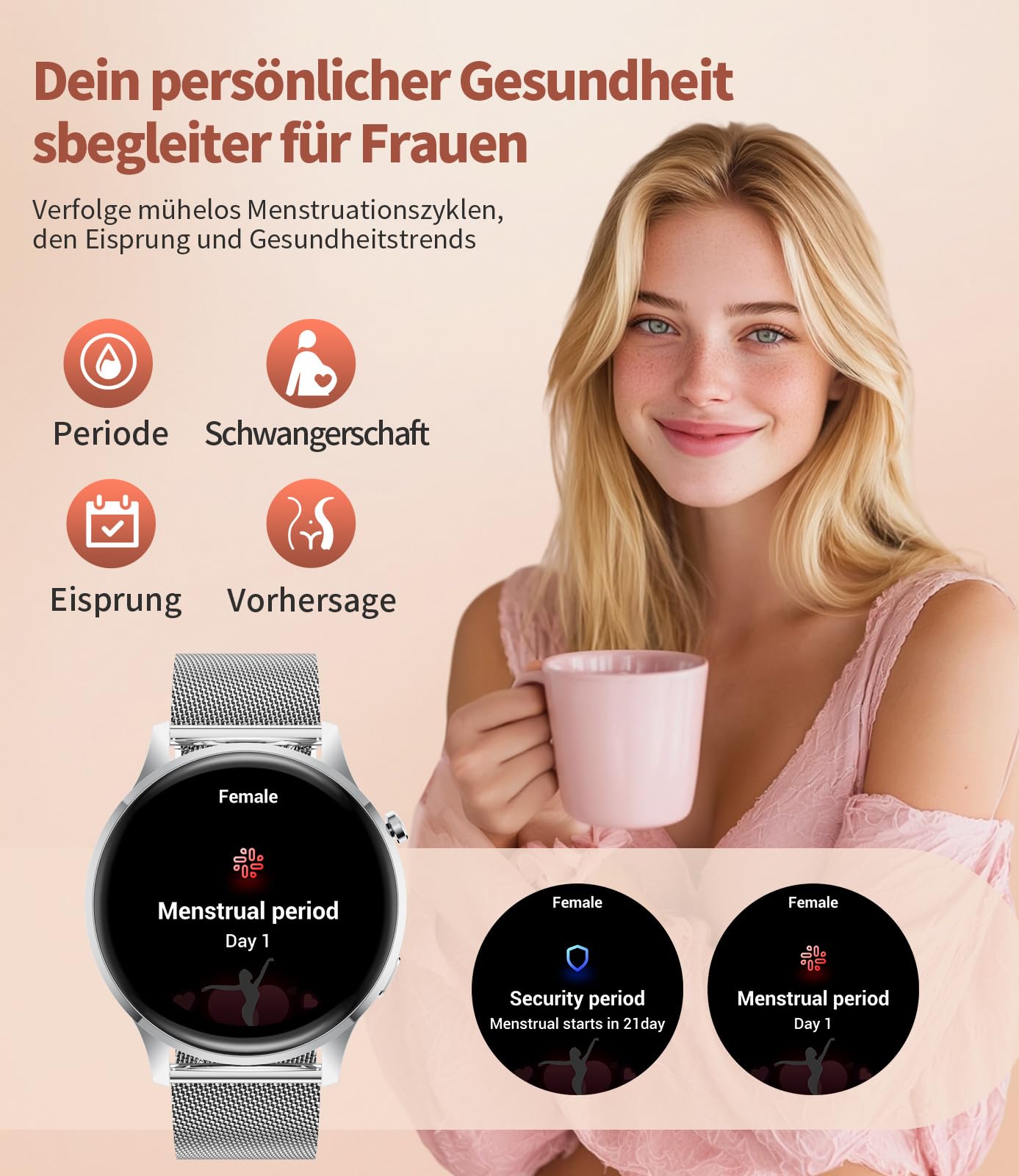 Smartwatch Damen Rund mit Telefonfunktion, 1,32'' AMOLED Fitnessuhr mit 100+ Sportmodi, Herzfrequenz/Schlafmonitor, Uhr Damen mit Whatsapp und Alexa, Elegante Armbanduhr für Samsung/iOS/Android,FV23-E