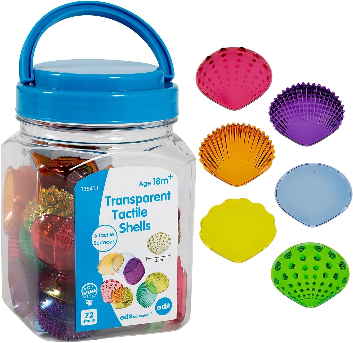 edxeducation Tactile Shells | Set of 72 | Translucent | 6 Textures and Colours | Ages 18m+ | Explore STEM concepts via Light Panels and Sensory Bins