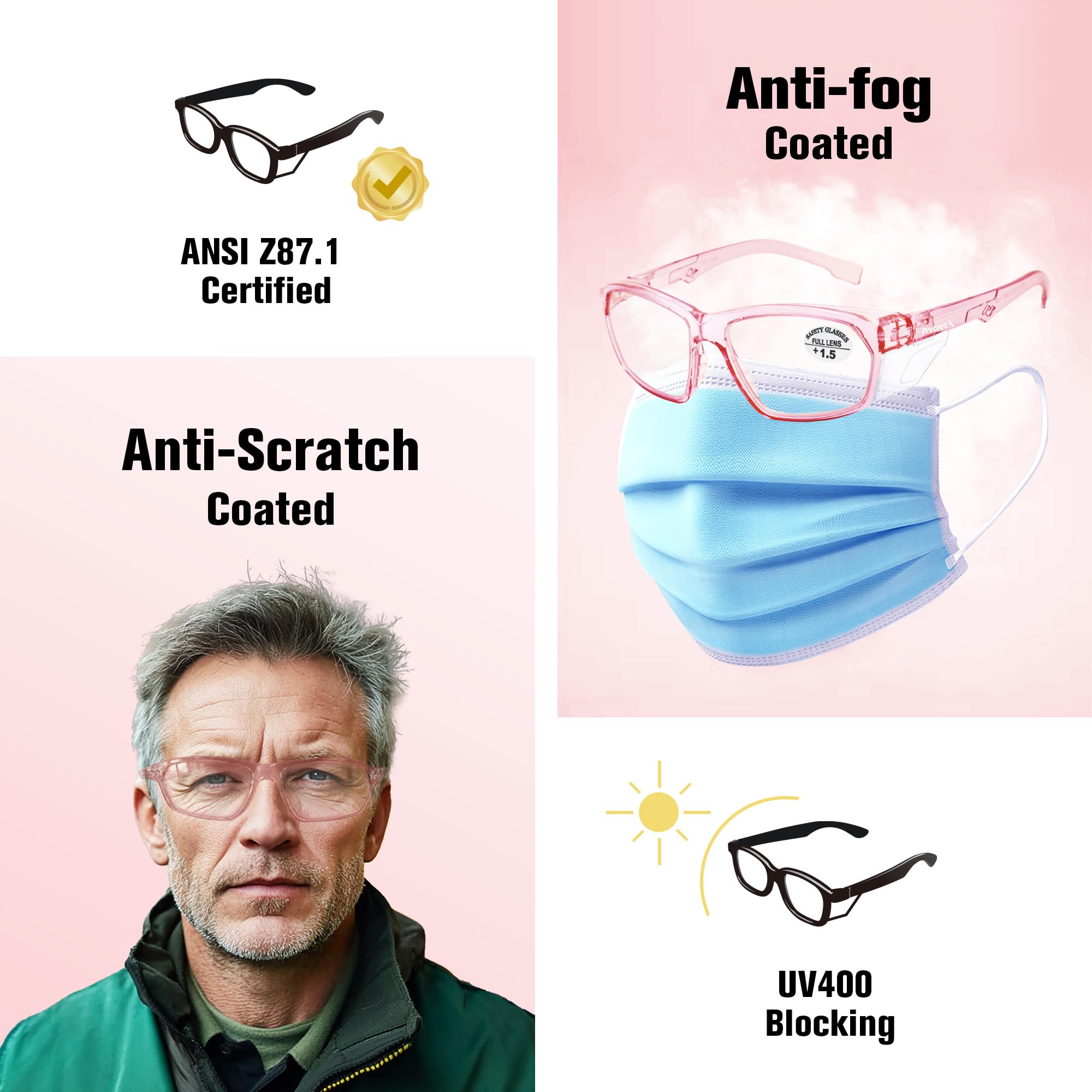 ProtectX Rosa Schutzbrille mit Lesegeräten, Anti-Beschlag-Schutzbrille mit Seitenschildern, ANSI Z87.1 Schutzbrille für Herren Damen Lesebrille 1,5 Dipoter