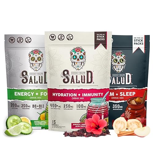 Salud Variety Paquete de 3 | 2 en 1 Calm + Sleep (almuerzo), hidratación + inmunidad (hibisco) y energía + enfoque (lima de pepino) - 15 porciones