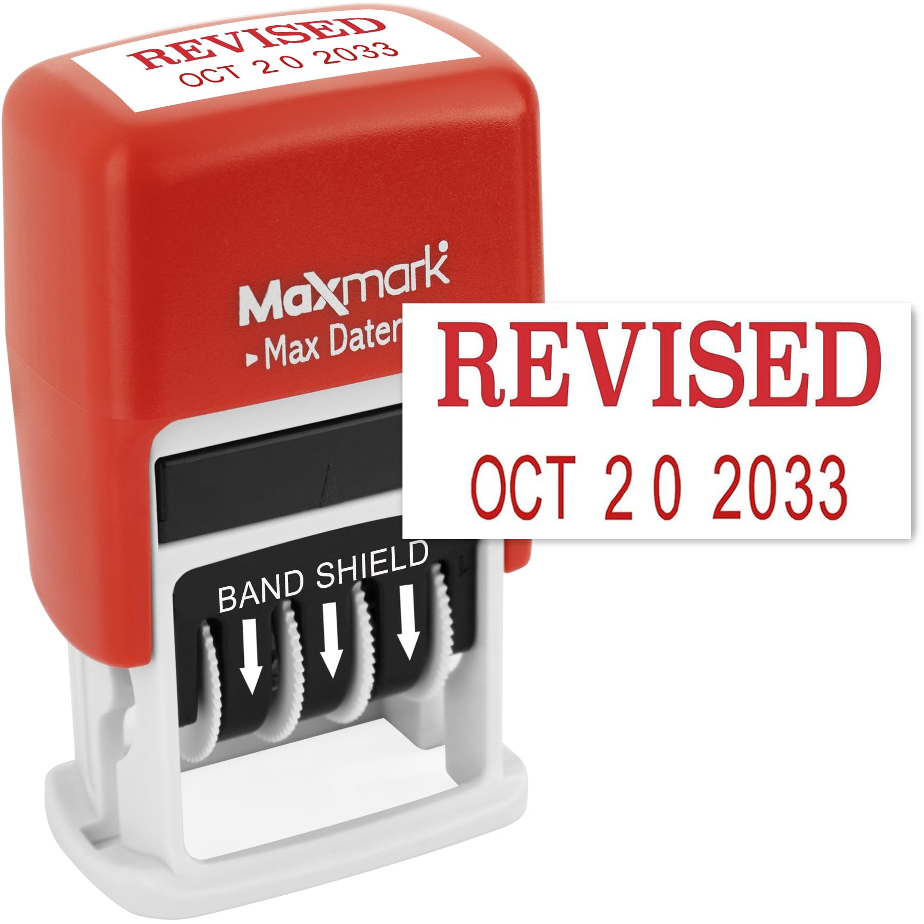 MaxMark Self-Inking Rubber Date Office Stamp with Revised Phrase & Date - RED Ink