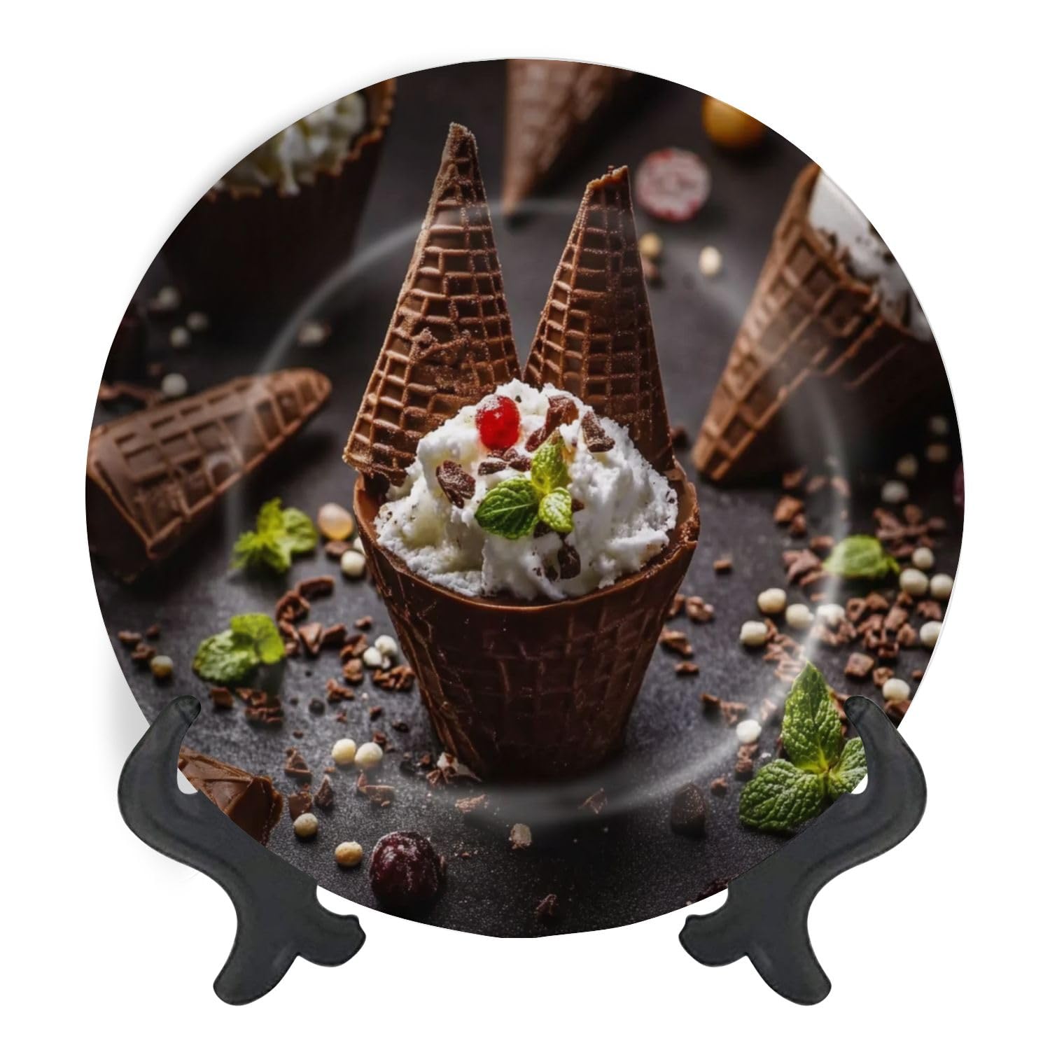 Decorative Plates for Display Chocolate ice cream spring flowers Gift Plates Ceramic Collections Plates Hanging Artwork for Living Dining Room Kitchen Souvenir