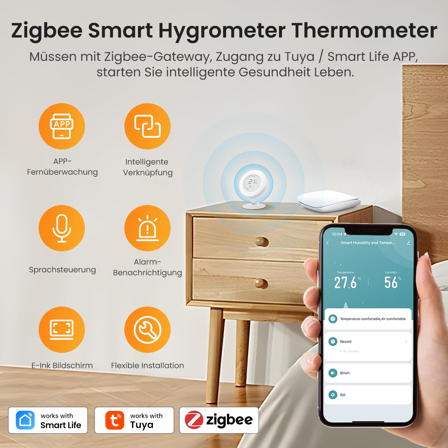 AVATTO Zigbee Smart Sensor de temperatura y humedad para interiores, pantalla de tinta electrónica, termómetro digital, higrómetro compatible con Alexa Google Home MQTT Home Assistant | Requiere