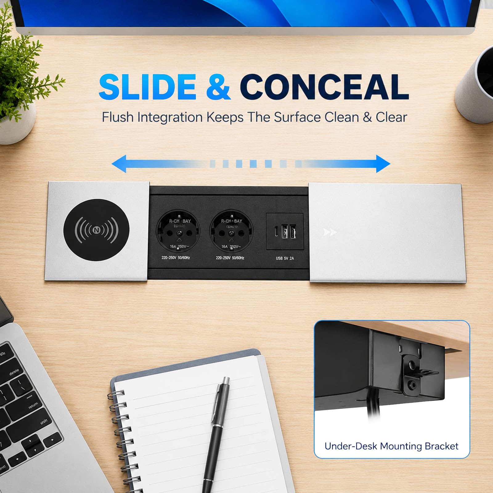 Enchufe de Escritorio Empotrable con 20W USB-C y Carga Inalámbrica(Plateado)