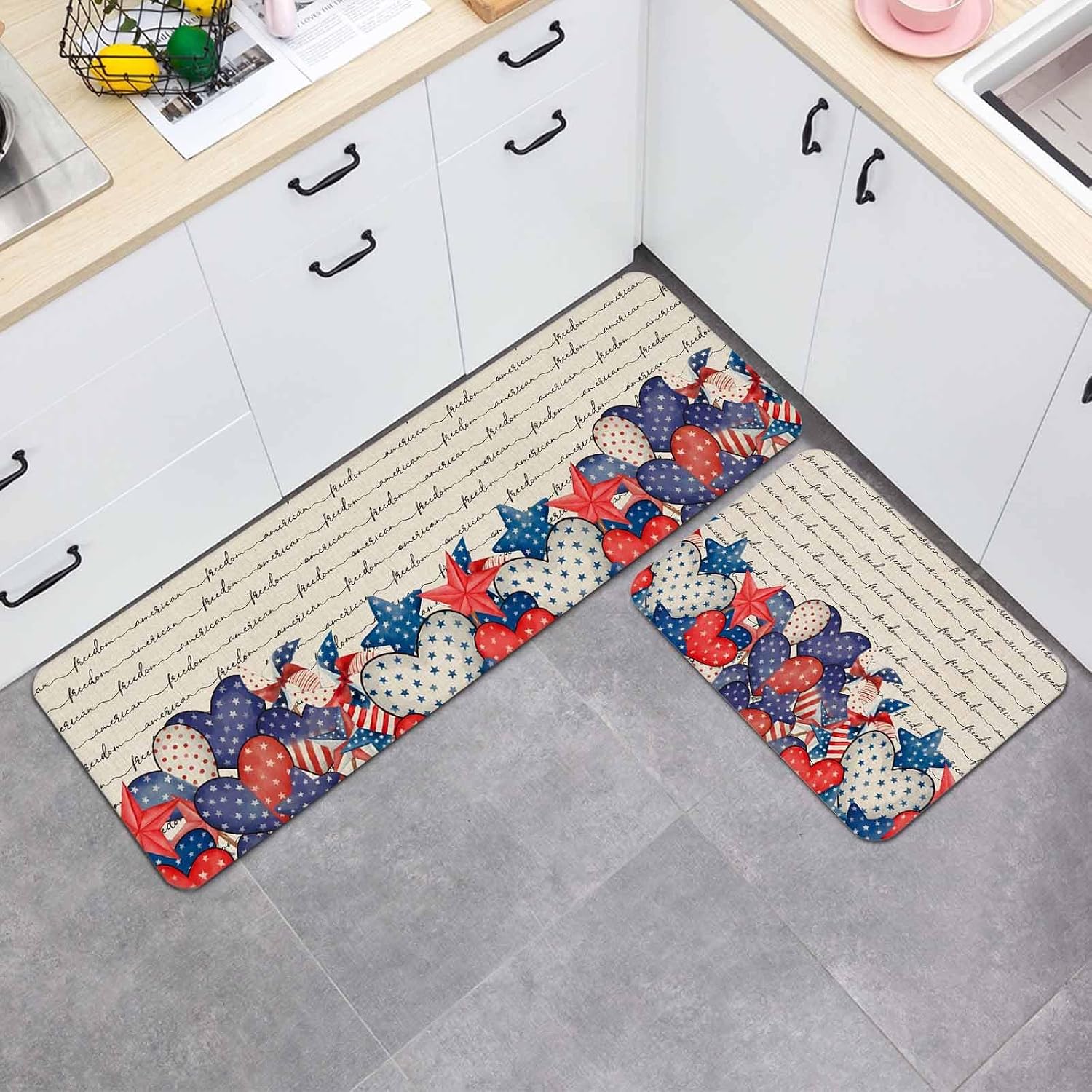 Prime Leader Independence Day Kitchen Mat Set 2 Pieces Vintage Letter US Flag Heart Stars Patriotic Non Slip Kitchen Rugs Washable Runner Rug Mats for Sink Laundry (19.7" x 31.5"+19.7" x 63")