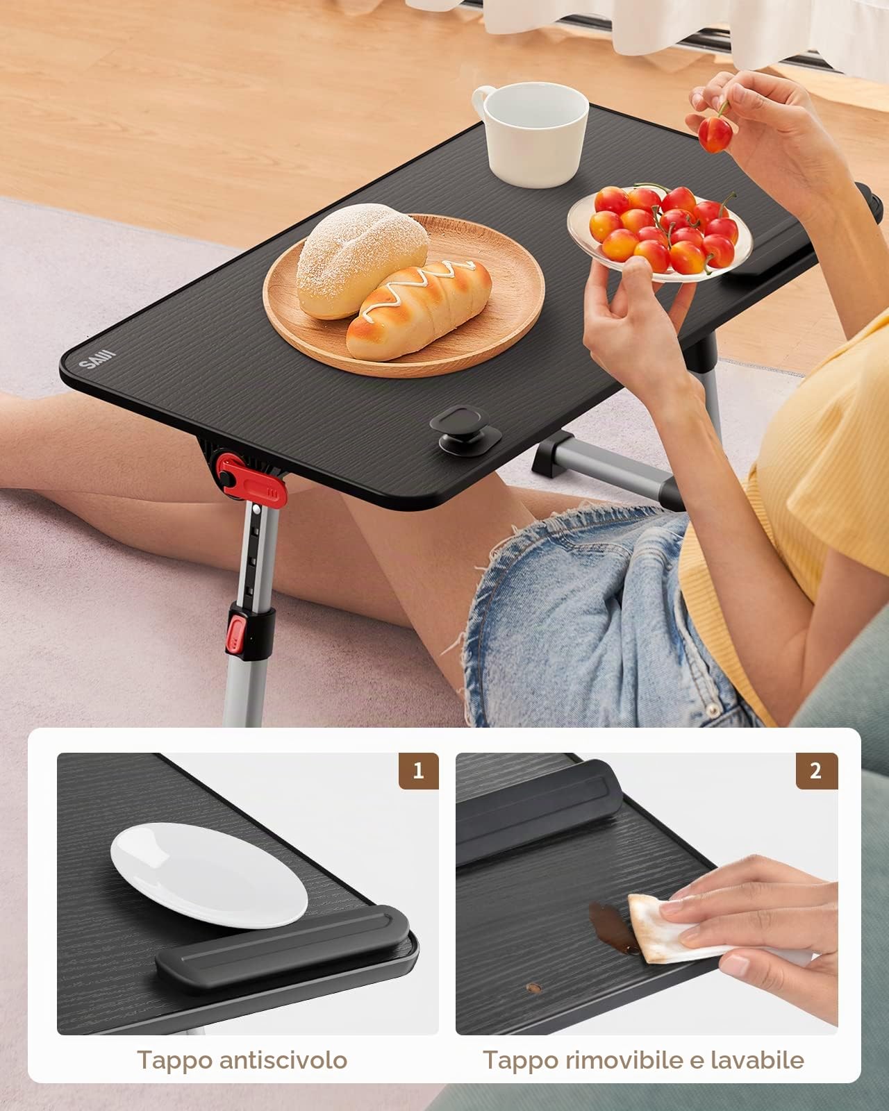 Tavolo, SAIJI Tavolino da letto, Regolabile in altezza, con 4 angolazioni regolabili, lapdesk pieghevole, per divano divano pavimento lavoro studio lettura scrittura mangiare (60 * 33 cm nero)