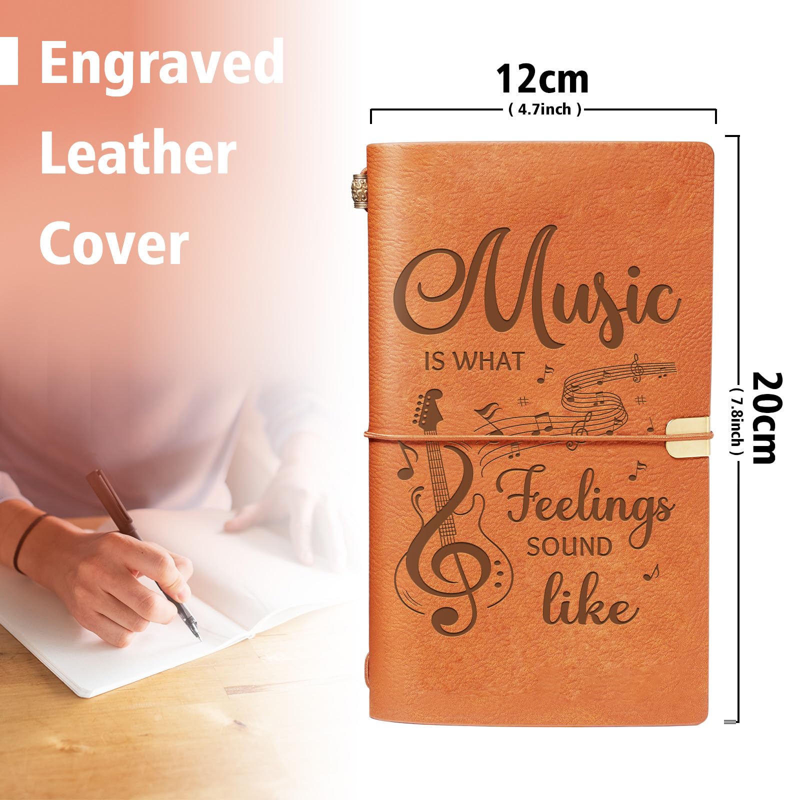 Music Lover Gifts for Women Men, Leather Journal Notebook with “Music Is What Feelings Sound Like” Quote, Refillable Leather Writing Journal for Musicians,Teacher, Songwriters