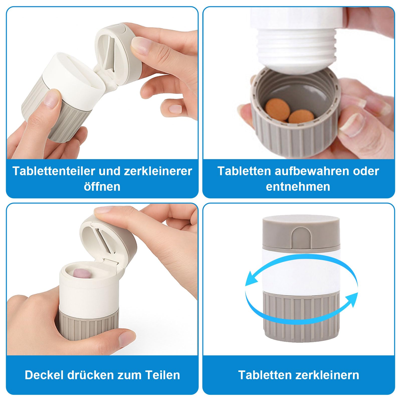 Tablettenmörser 4-in-1, Tablettenschneider mit Aufbewahrung, Tablettenzerkleinerer zum Tabletten zerkleinern, tragbarer Tablettenzerkleinerer für Zuhause & Reise (grau)