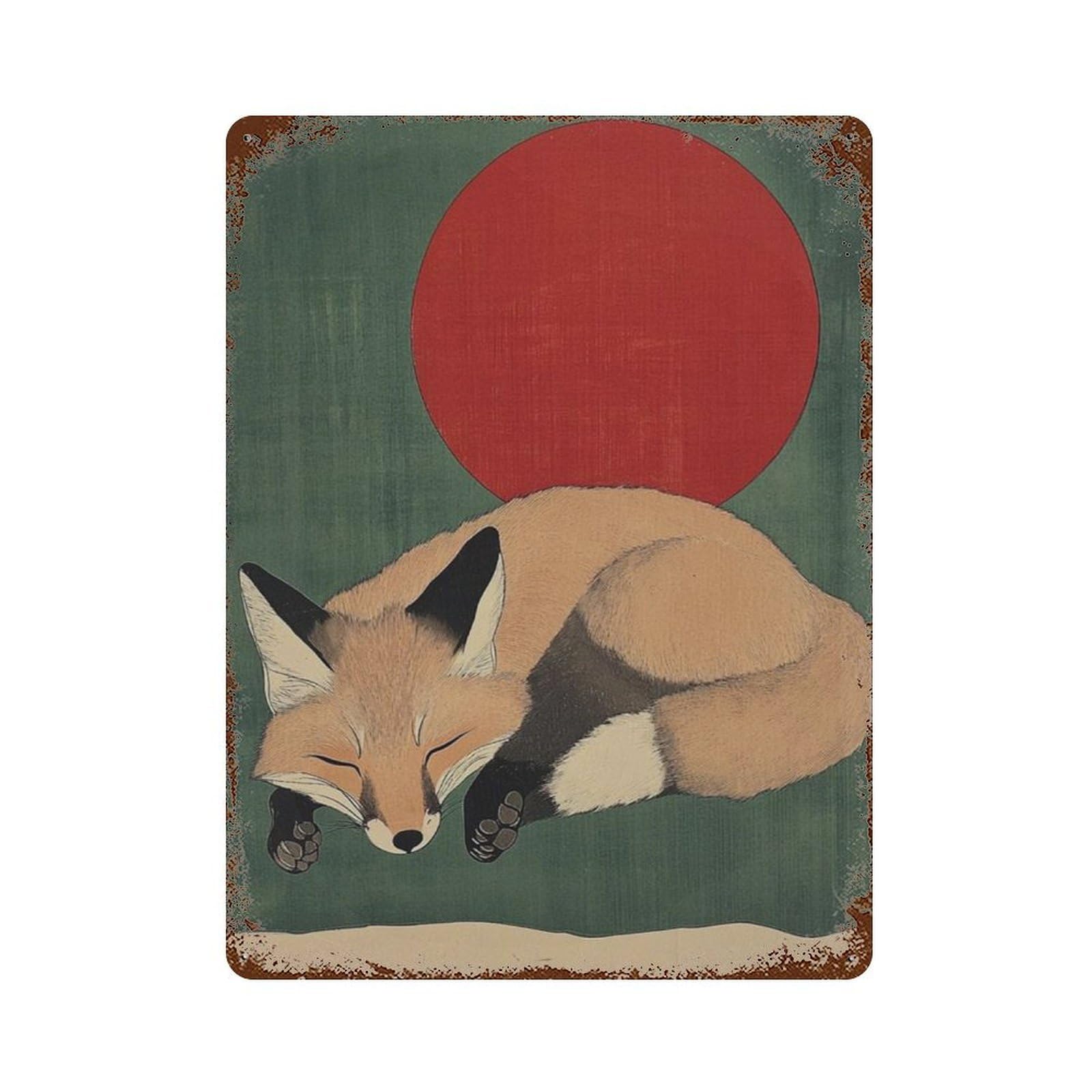 xiaoxiaoshen Sleeping Fox Cute Animal Minimal Woodland Scandinavian Nursery Wall Decor Art Metal Tin Poster Modern Home Decor Art Home Bar Shop Decorations Vintage Sign 40x30cm
