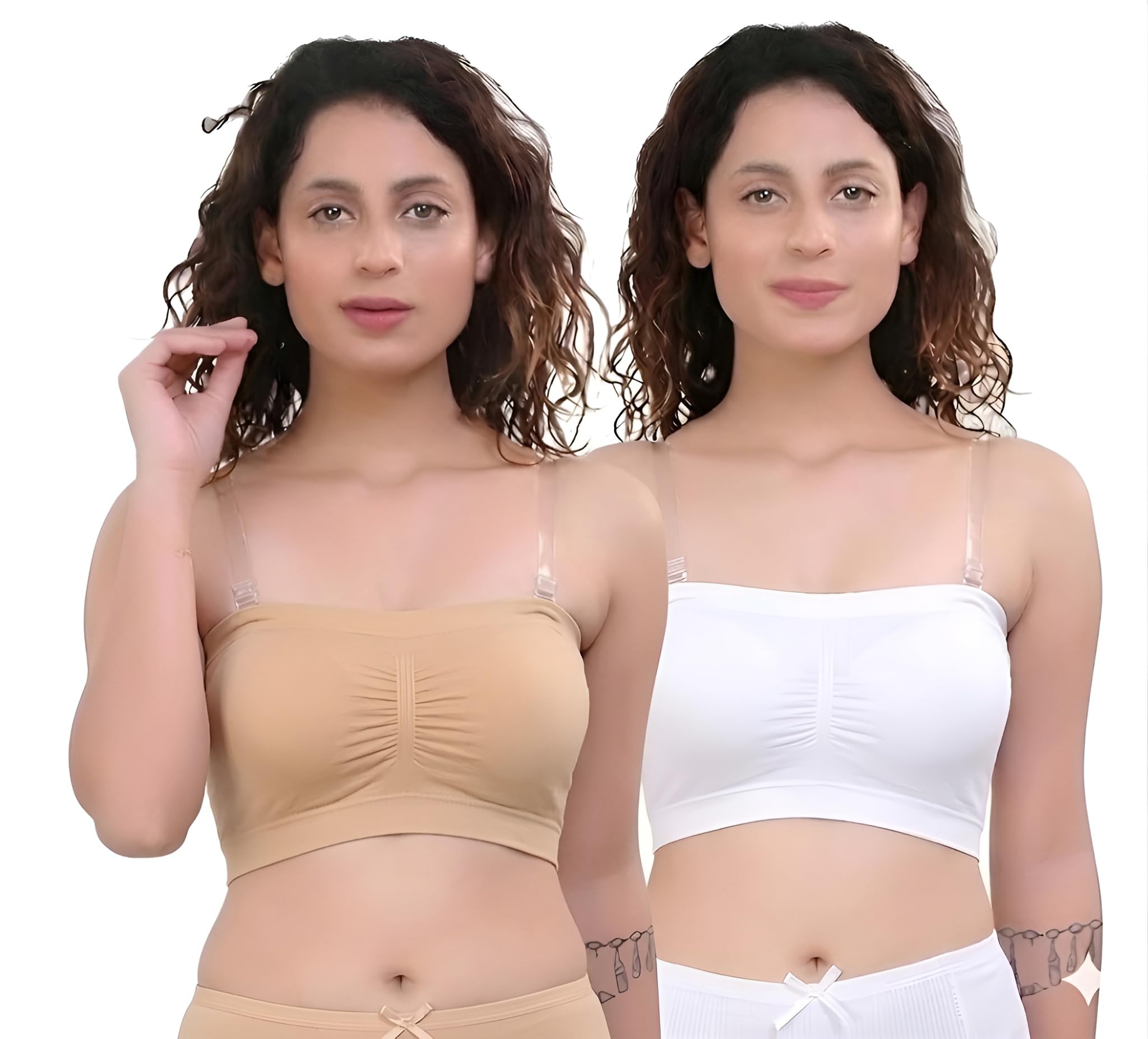 Pack of 2 Women’s Breathable Seamless Slip-On Tube Bra with Detachable Transparent Straps Non-Wired Non-Padded Free Size Fits Upto 32 High to Full Coverage Stretch Beige & White Color-image-7