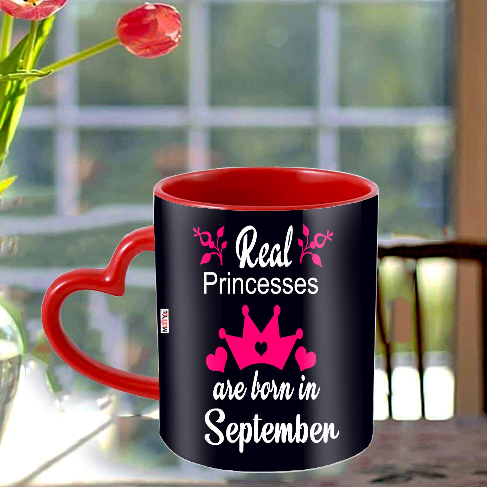 ME & YOU Queens are Born in September Printed Ceramic Heart Handle Coffee Mug Gift for Birthday Girls, Birthday Gift for Sister, Birthday Gift for Wife (320 Ml) (September)