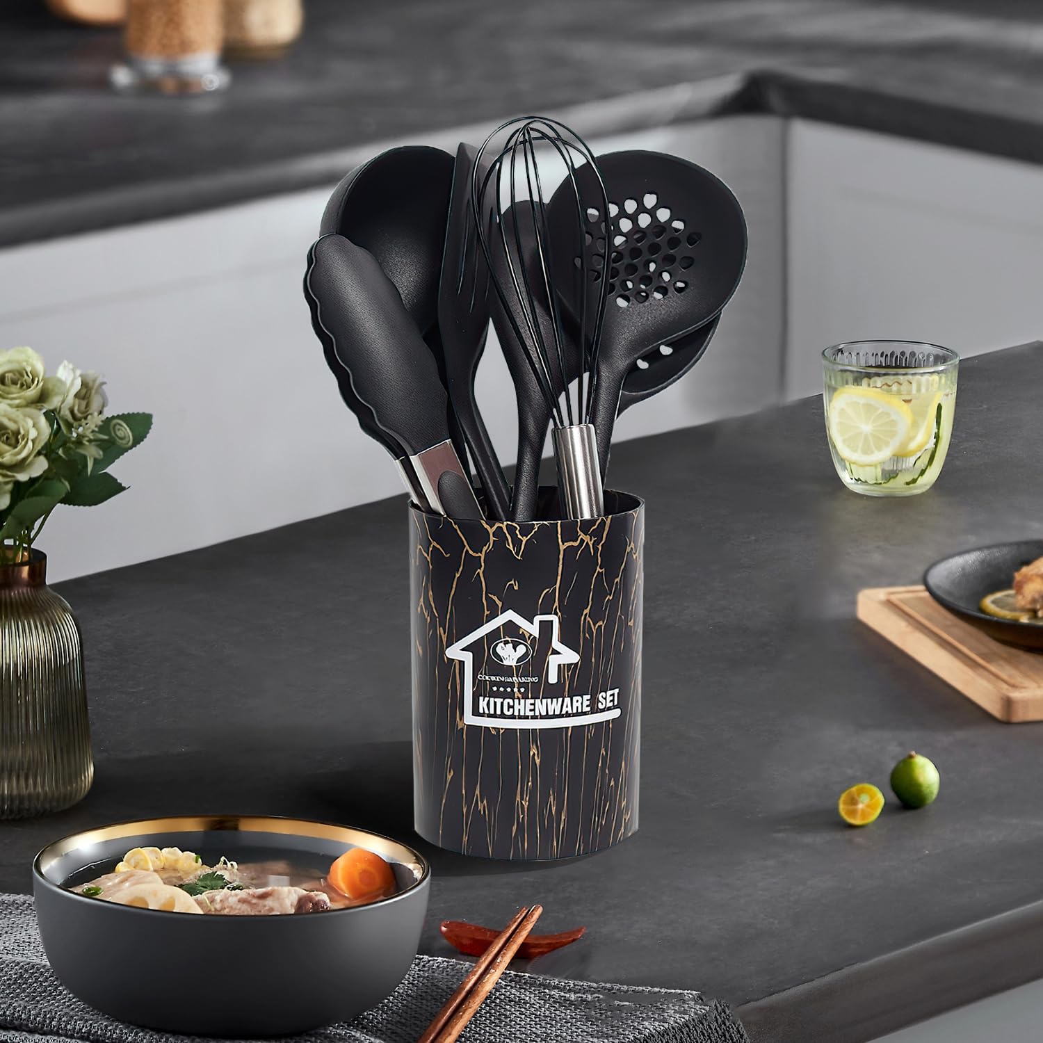 18 Piezas Utensilios de Cocina de Silicona Resistente al Calor Con Cubo para Guardar (Negro)