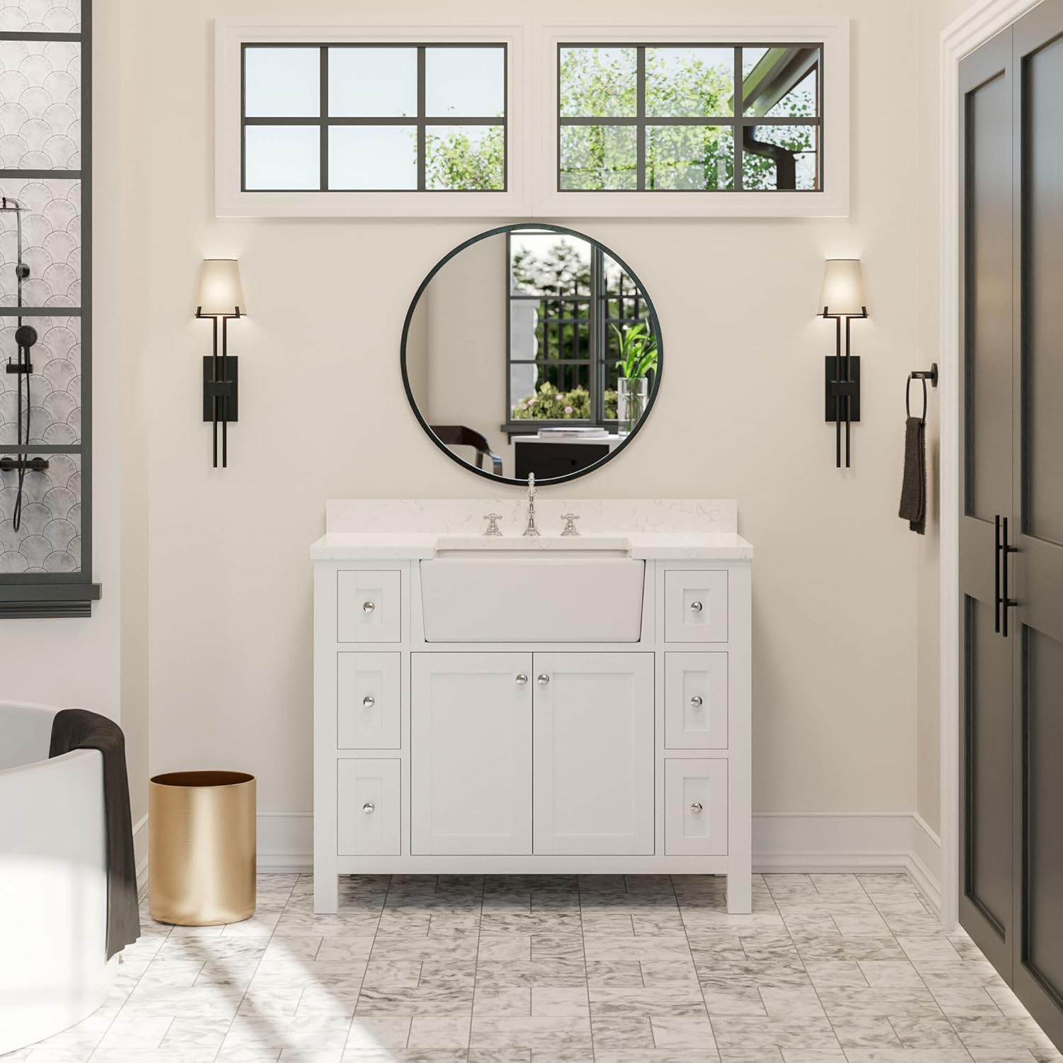 Kitchen Bath Collection Yorkshire 42-inch Farmhouse Bathroom Vanity (Engineered Marble/White): Includes White Cabinet with Engineered Marble Countertop and White Apron Sink