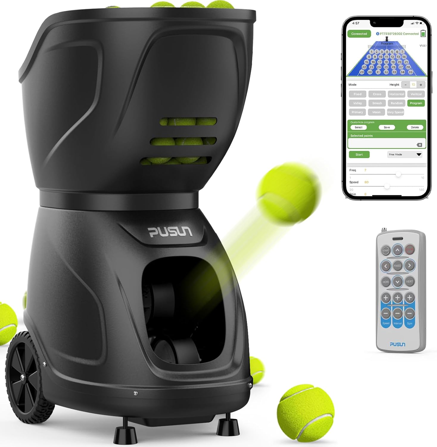 Smart Tennis Ball Machine PT-9001-Pro - APP Controlled Auto Feed, 26 Training Modes, 150 Ball Capacity, 7-10Hr Battery Life, Suitable for All Level Players