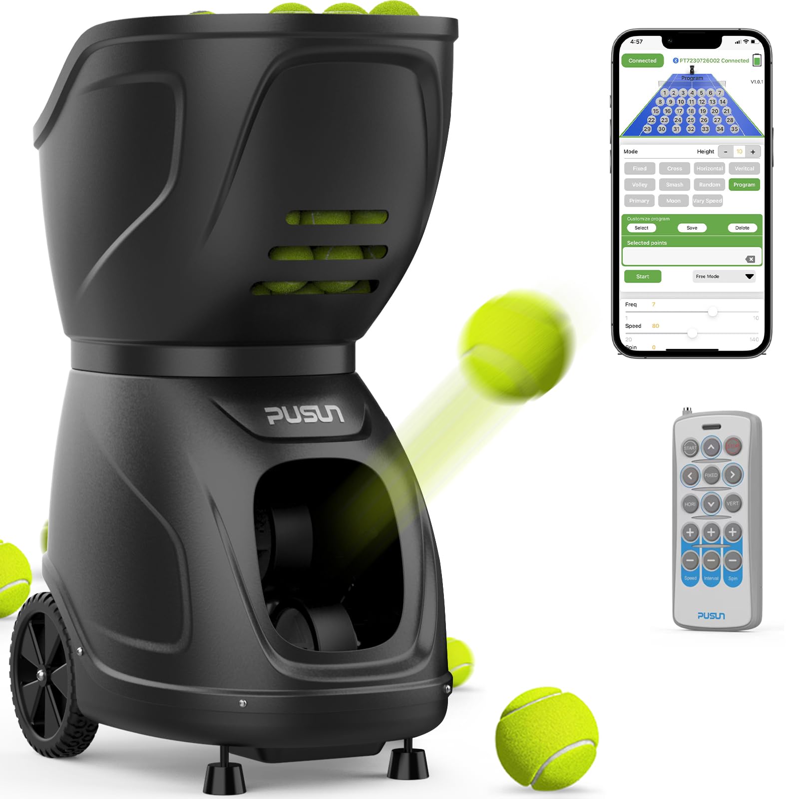 PUSUN PT 9001 Tennis Machine - Professional Ball Launcher, App & Remote Control, Variable Speed & Spin, 35 Ball Placement Points, 150 Capacity, Rechargeable Battery - Pro Training (Black)