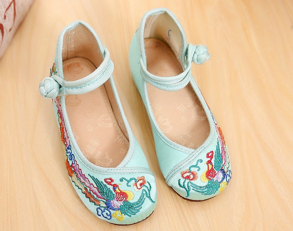Tianrui Crown Girl's Phoenix Embroidery Ballet Shoes Kid's Cute Mary-Jane Dance Shoe Flat Sandal Shoe Green