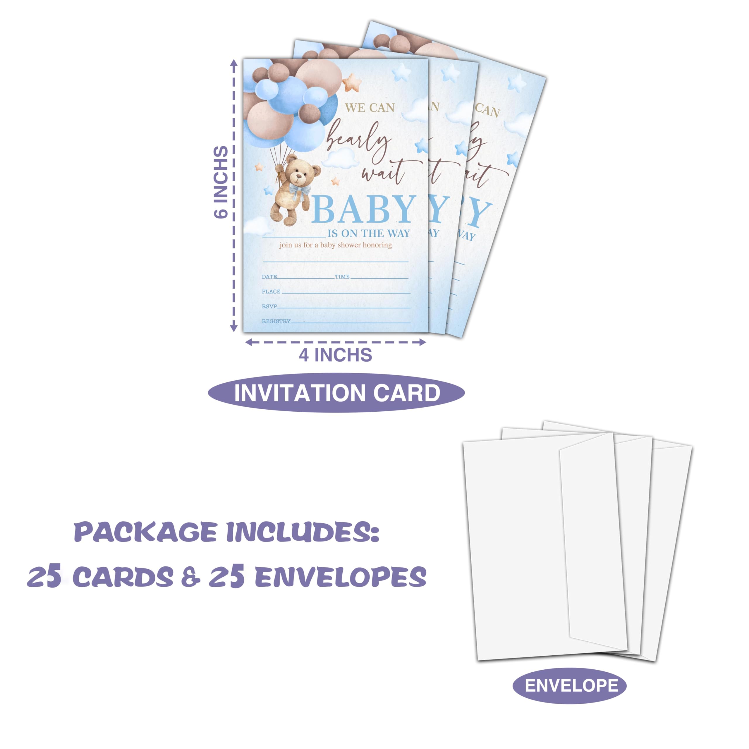 Bear Balloon Baby Shower Invitation, We Can Bearly Wait Themed Fill-In Invites for Boys Girls, 25 Invitations With Envelopes (4
