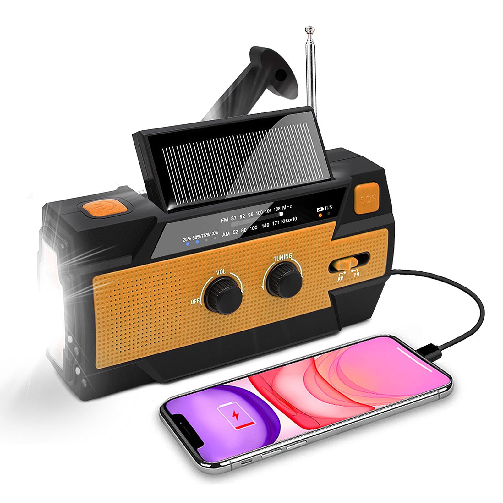 Nigecue Solar Radio, Tragbar Kurbelradio Dynamo Radio mit AM/FM, Eingebaute 4000mAh Wiederaufladbare Batterie, 4 Modi LED Taschenlampe, LED Leselampe mit Bewegungssensor, SOS-Alarm für Notfall Ourdoor