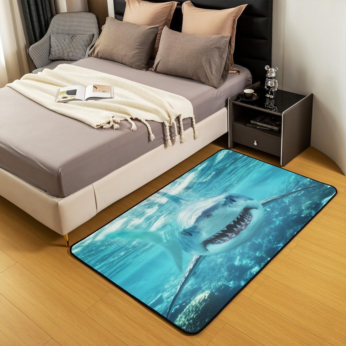 Shark Area Rugs 3x5, 3D Shark Decorative Rug, Ocean Wave Carpet Mat for Kids Boys Bedroom Bedside Sea Animals Accent Rug Set Ocean Sea Wave Living Room Rugs Blue White,Non Slip Washable
