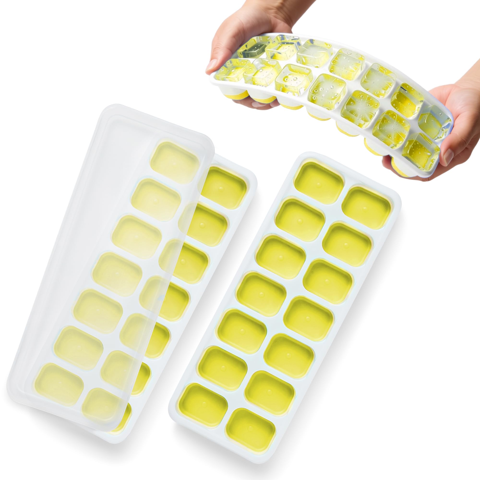KEPLIN 2pk Silicone Ice Cube Trays with Non-Spill Lids, Easy to Remove Tray, LFGB Certified BPA Free, Flexible Silicone Ice Cube Moulds, Parties, Drinks, Cocktails & Frozen Liquids (Yellow)