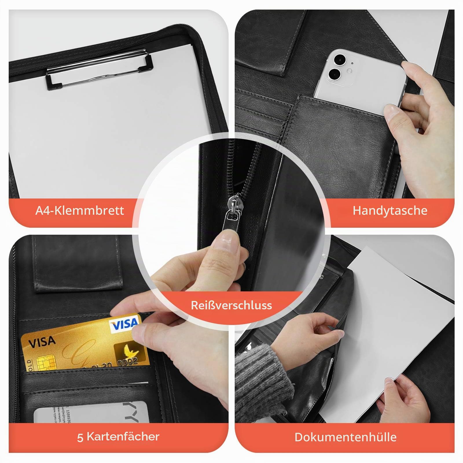 NEWYES NY-A403-BL-EU Konferenzmappe aus Leder, mit Reißverschluss, A4, Reisedokumentenmappe, Portfolio-Reisetasche, persönlicher Agenda-Organizer, 33,5 cm x 25 cm x 3,5 cm, Schwarz-Weiß