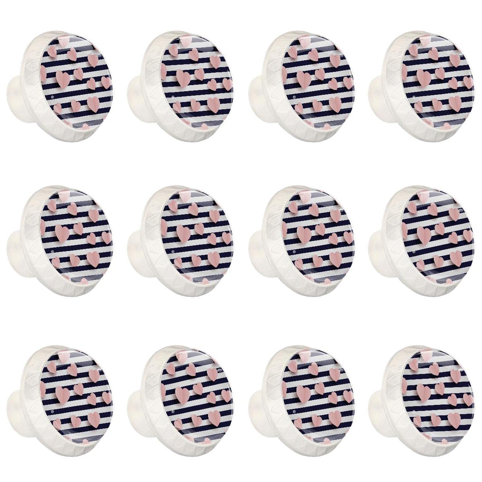 Boutons d'armoires de cuisine roses en lot de 12 poignées de tiroir motif cœurs rayés