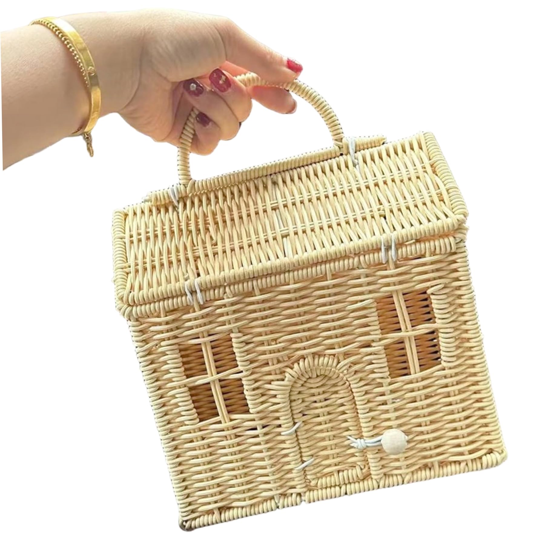 Rattan House Shaped Basket with Lid, Rattan House Shaped Basket with Lid, Garden Harvest, Picnic with & Handle, Button Closure Wicker Suitcase