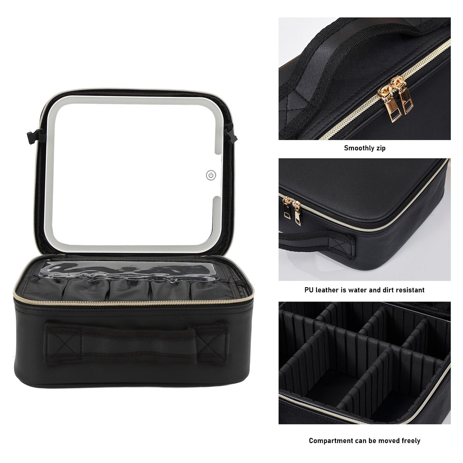 Reise-Make-up-Tasche mit LED-beleuchtetem Spiegel,Make-up-Etui, Reise-Kosmetiktaschen, Pinsel-Organizer,Aufbewahrungsbox mit Spiegel mit 3Farblichtern und Verstellbaren Trennwänden