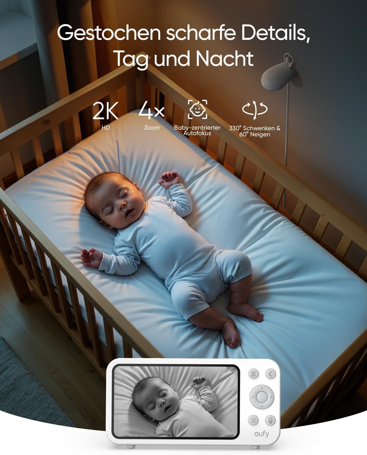 Kamera do monitorowania niemowląt, eufy E20, niania elektroniczna, rozdzielczość 2K, wyświetlacz 5 cali (720p), połączenie hybrydowe, sterowanie przez Wi-Fi i bez Wi-Fi, funkcja obrotu i pochylenia