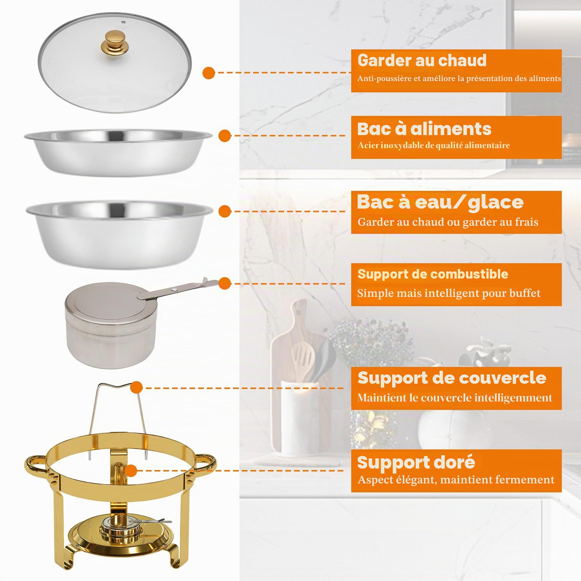 Lot de 4 Ronde Chafing Dish en Acier INOX, 5QT Chauffe Plat Buffet avec Couvercle en Verre, Réchaud Marmite Chauffante Buffet pour Fêtes, Événements, Mariages, Banquets, Dîners