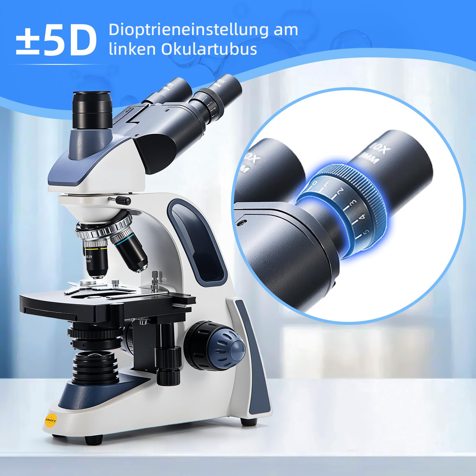SWIFT SW380T Trinokulares Durchlicht Mikroskop 40X-2500X-Vergrößerung,Siedentopfkopf,Labor mikroskop für Forschungszwecke mit WF10X/25X Okular, Ultra präzise Fokussierung,Kamera-kompatibel
