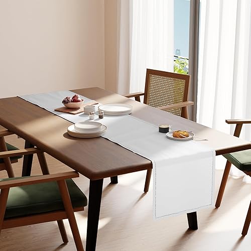 Miniatura 2 de Encasa XO Camino de mesa de comedor de 16 x 72 pulgadas, diseño de dobladillo de algodón puro, blanco, lavable a máquina
