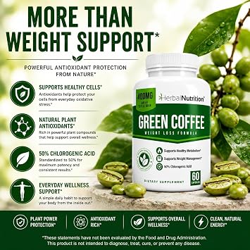 Pure Green Coffee Bean Extract 800mg | 50% Chlorogenic Acid | 60 Capsules | 800mg green coffee bean extract with 50% chlorogenic acid to support metabolism and antioxidant wellness.