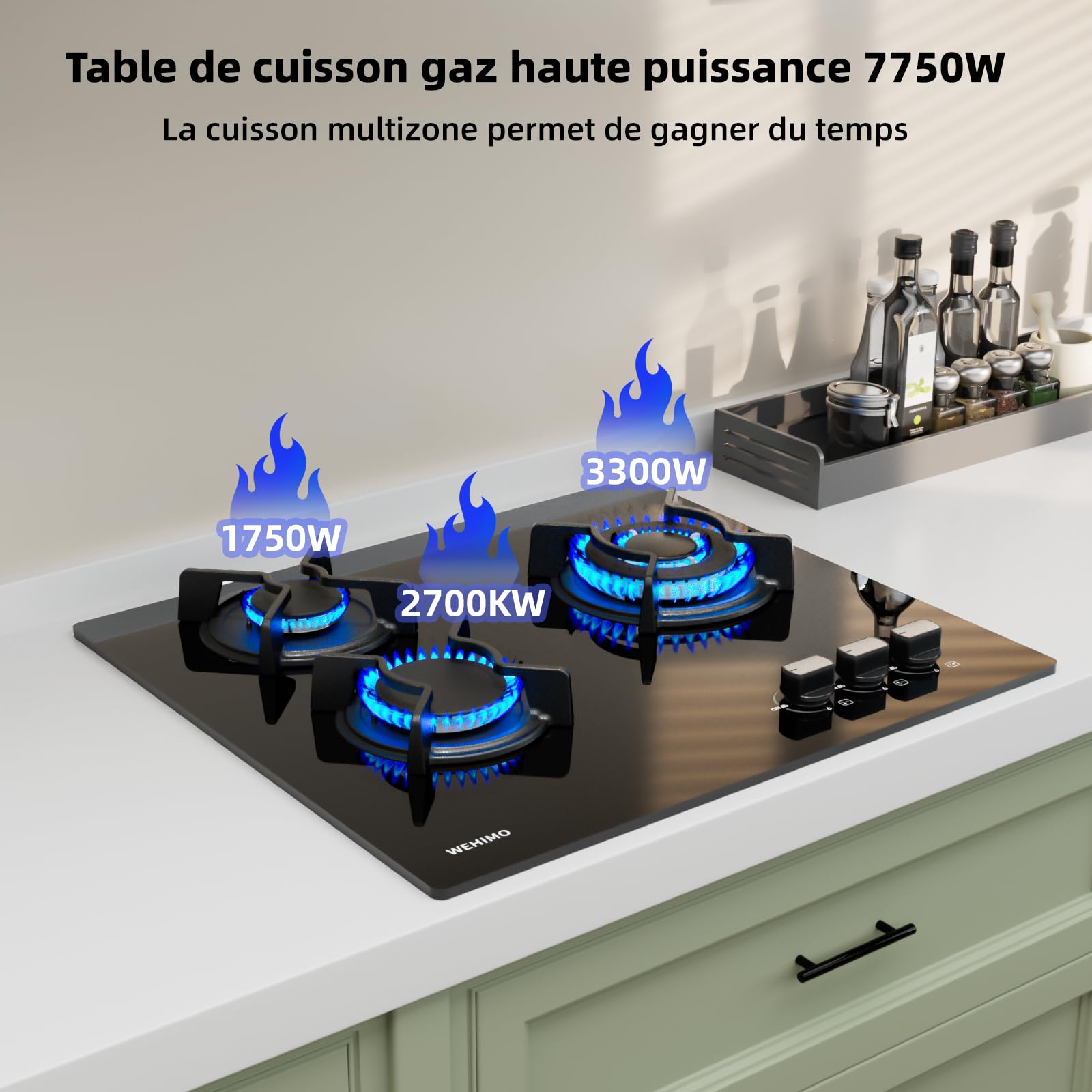 Wehimo - Placa de cocina de gas de 3 fuegos, placa de gas de 3 fuegos empotrable, mesa de cocción 60 cm, rejilla hierro fundido, 7750 W, cristal negro — view 3
