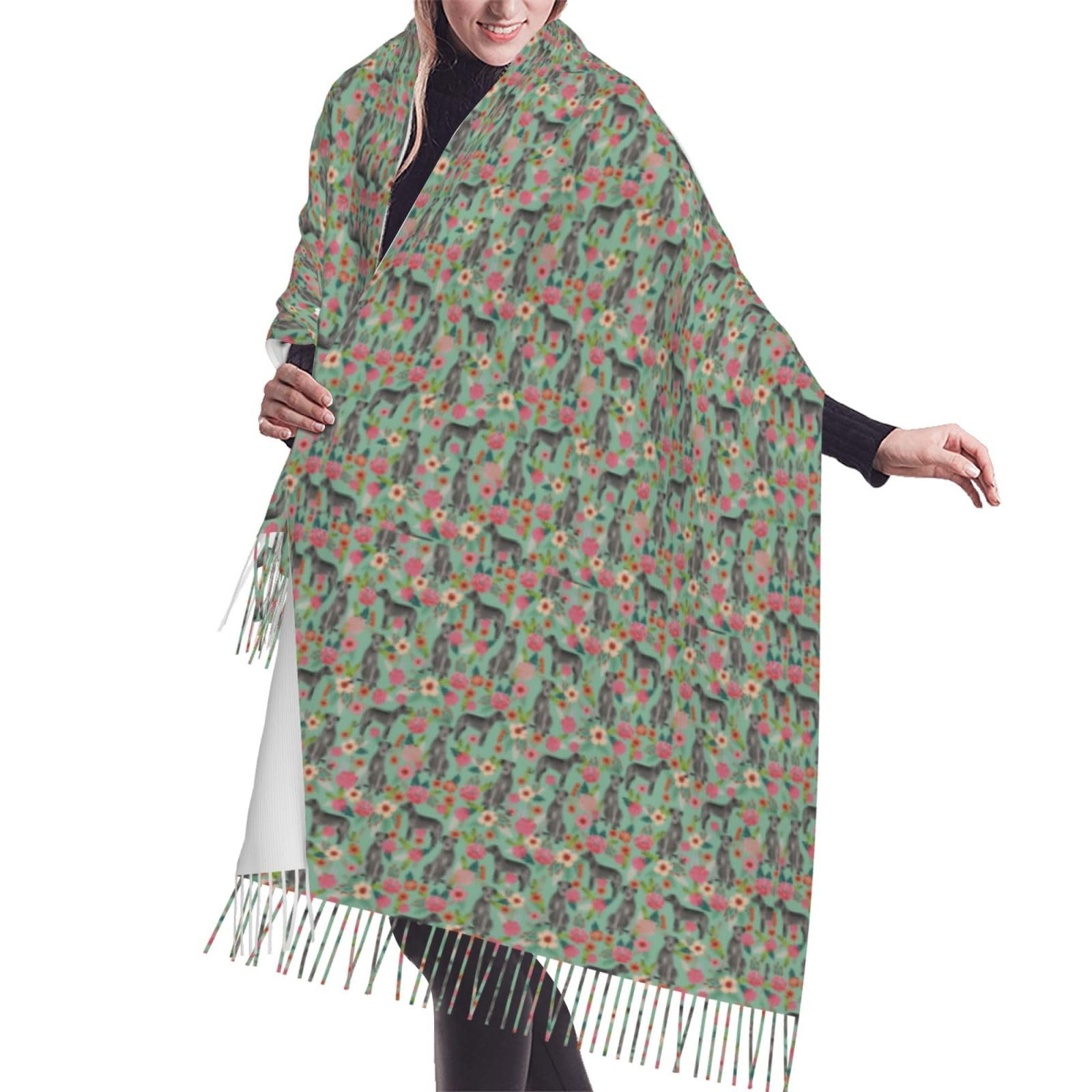 GRatka Scarf,Irish Wolfhound Floral Dog Breed Mint, Unisex Fringed Scarf Large Warm Soft Cashmere Feel Shawls Wraps 196x68 cm
