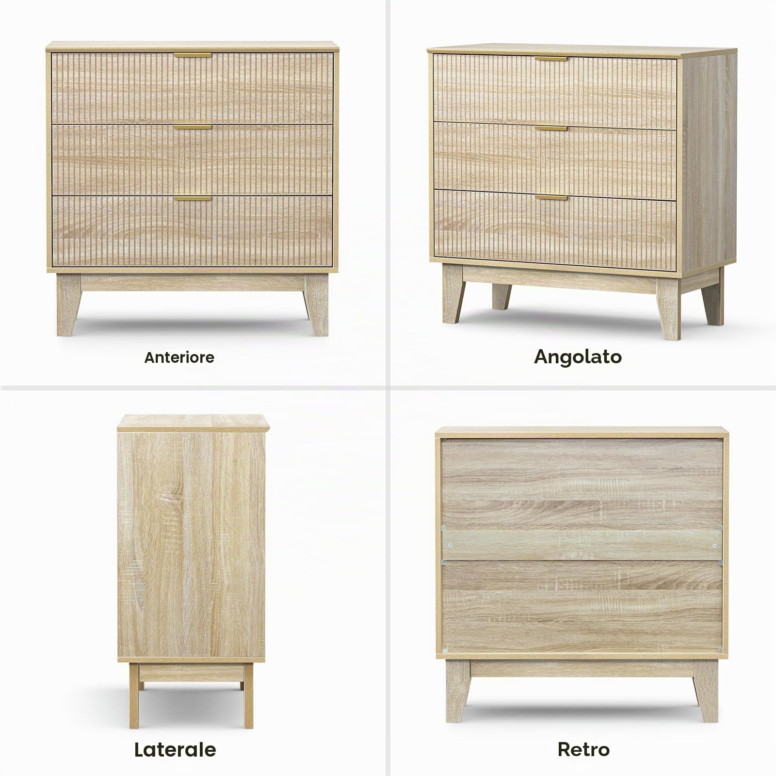 Cassettiera a 3 Cassetti in Legno, Cassettiera per Camera da Letto, Comò Stile Nordico con Gambe in Legno di Pino per Ingresso, Soggiorno, Cameretta e Corridoio, 80x40x80 cm