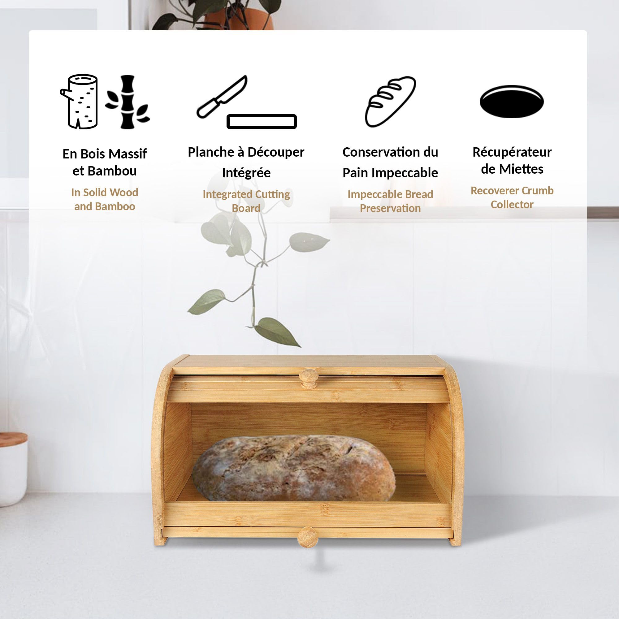 Fishtec - Boîte à Pain en Bambou avec Planche à Découper Intégrée - Récupération des Miettes - Caisse à Pain - Panier à Pain - Porte Coulissante - Idéal pour Conserver Votre Pain - 37 x 23 x 19,7 cm