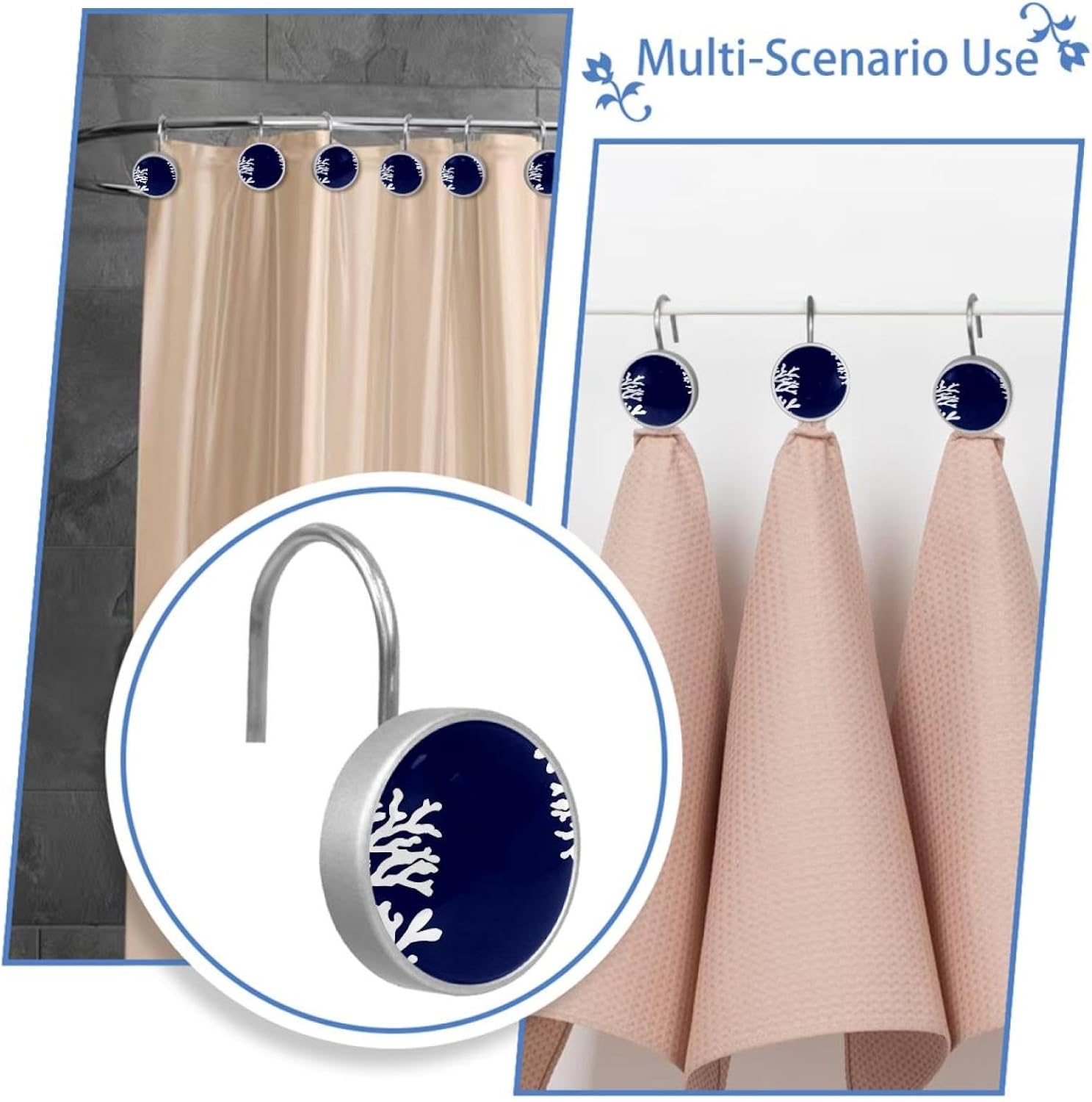Coral Navy Blue Nautical Coastal Ocean Theme Marine Decorative Shower Curtain Hooks Rings Set of 12 Hooks for Shower Curtain Rustproof Curtain Rings for Bathroom