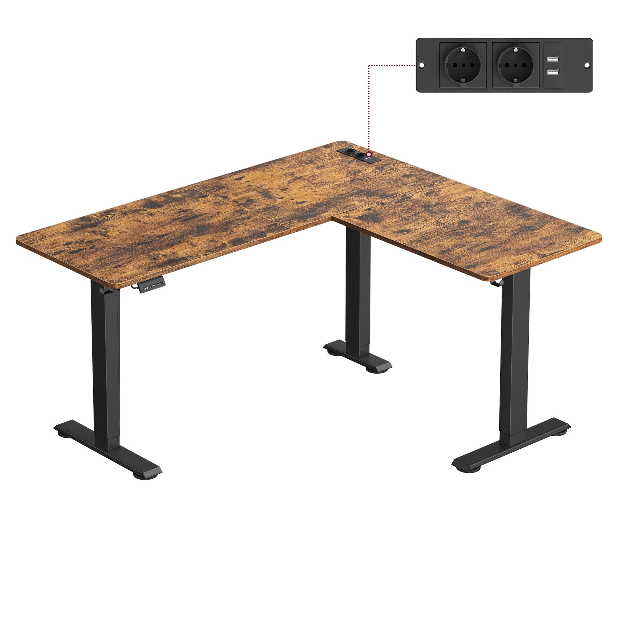 VASAGLE Escritorio Eléctrico Regulable en Altura, Escritorio en Forma de L, 140 x 160 cm, con Estación de Carga, Función de 2 Memorias, para Oficina Casa, Marrón Rústico y Negro Tinta LSD264K01