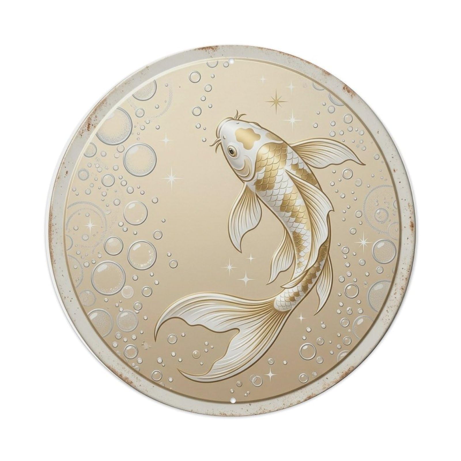 Oriental Koi Fish Golden Celebration Japanese Garden Metal Tin Sign Plaque Wall Decor for Cafe, Man Cave, Club Bar, Office, Home Garden Round Metal Poster 8x8Inch