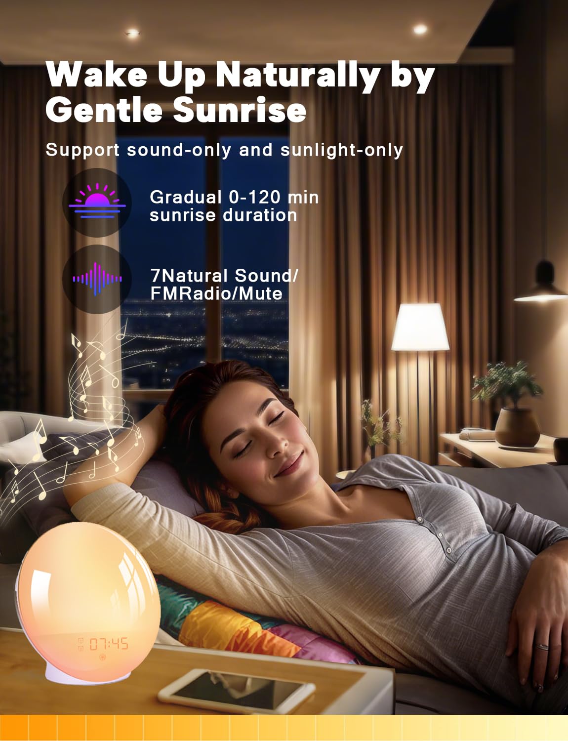 Wake Up Licht Lichtwecker Sonnenaufgang Sonnenuntergang Simulation Wecker mit zwei Alarmen, 7 natürlichen Klängen, UKW-Radio ,Schlummerfunktion und 20 Helligkeit,Nachtlicht zum Erwachsene&Kinder