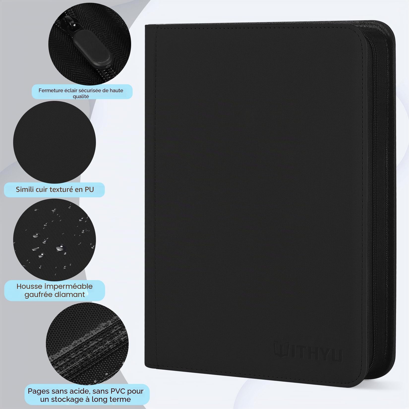 WITHYU Album de Collection de Cartes - Capacité 540 Cartes (9 Poches par Page), Porte-Cartes Étanche & Anti-Choc à Chargement Latéral pour TCG/Cartes à Jouer/Cartes Sportives (Noir)