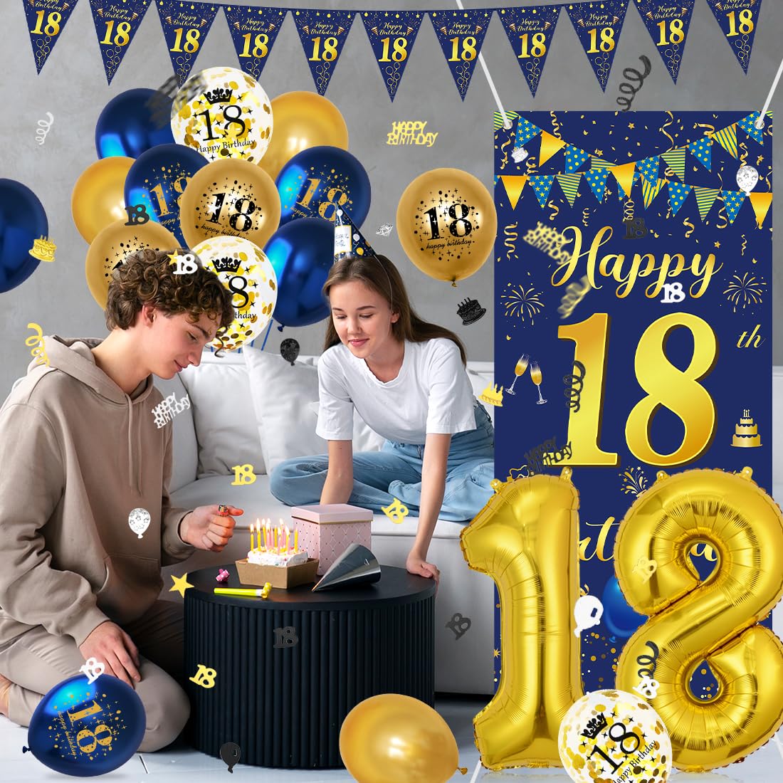 Decoratieset voor 18e verjaardag, banner, luchtslangen, zwart