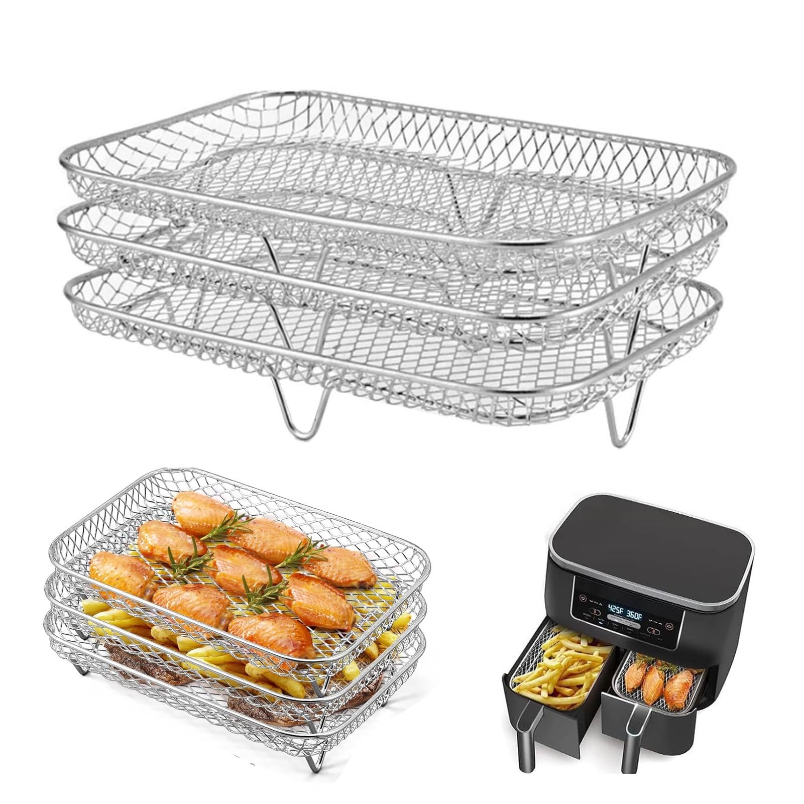 Stainless Steel Air Fryer Rack 3-Layer Stackable Mesh Basket for Cooking Multiple Dishes Compatible with Most Air Fryers