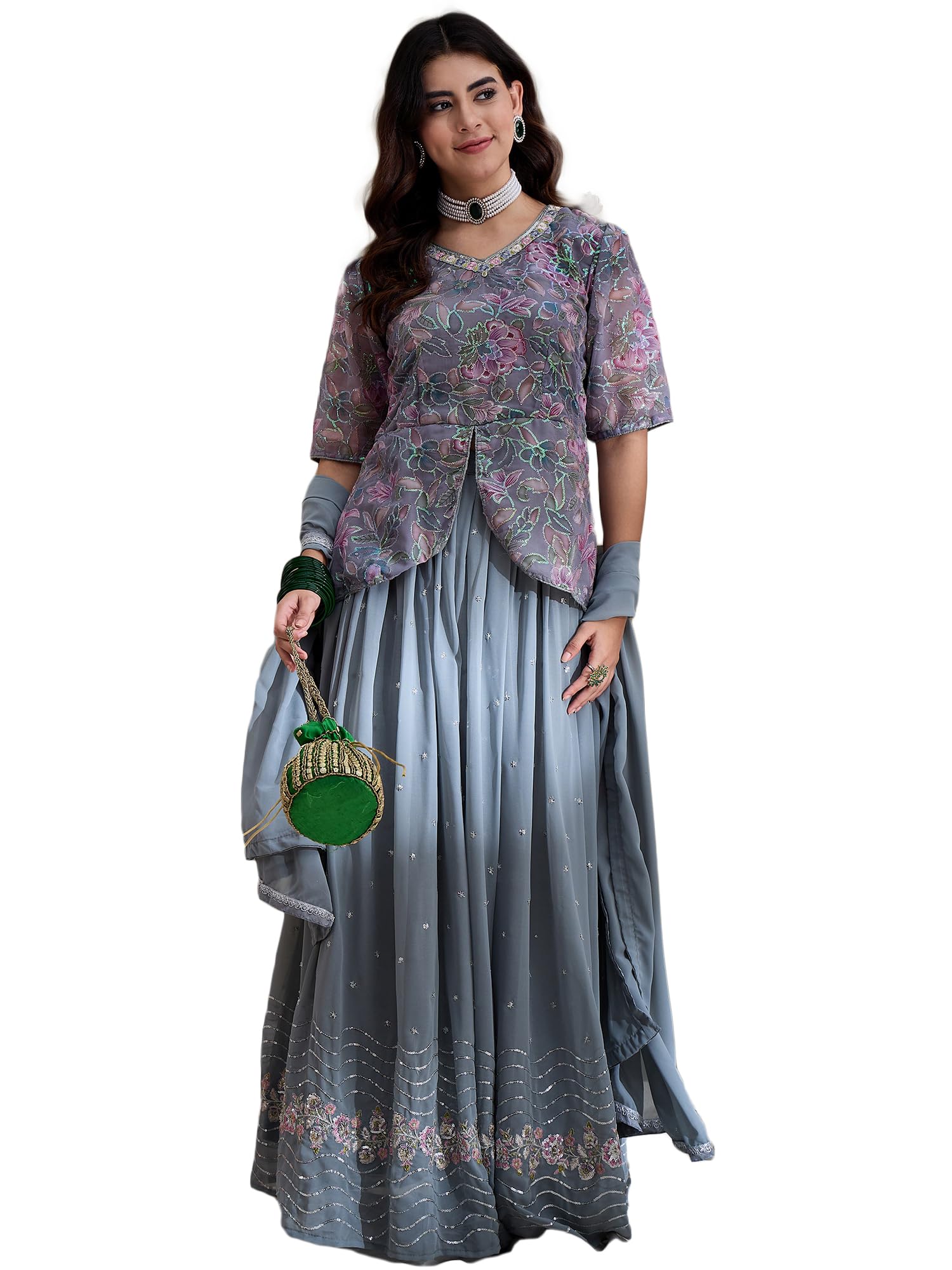 miss ethnik Women's Grey Faux Georgette Stitched Top With Stitched Faux Georgette Bottom and Faux Georgette Dupatta Half Sleeve Embroidered Flared Lehenga (MEY-1172-Grey-XL)-picture-30