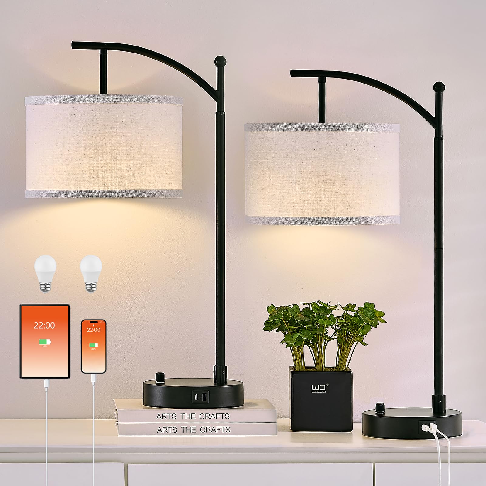 Photo 1 of ***One is missing a part***Hikczc Table Lamp for Living Room Bedroom, 23.5" Table Lamps Set of 2 with USB C+A Ports, Bedside Lamps for Nightstand with Linen Lamp Shades, 2 Dimmable LED Bulbs Included, Black***One is missing a part***