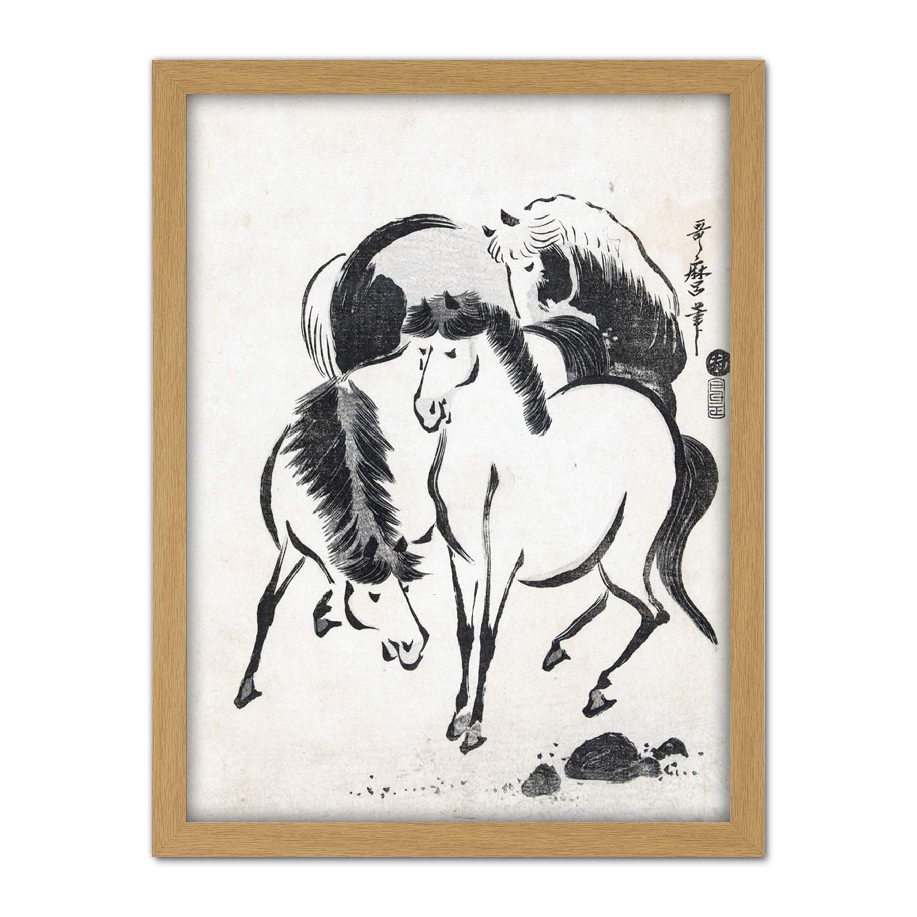 Artery8 Kitagawa Utamaro Three Horses Japanese Drawing Artwork Framed Wall Art Print 18X24 Inch