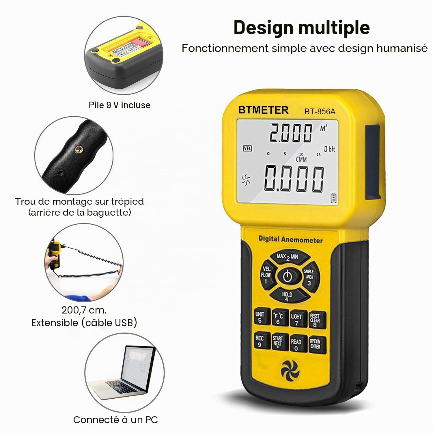 BTMETER Anémomètre BT-856A Pro CFM, mesure la vitesse du vent, le débit du vent, la température du vent pour CVC, compteur de vitesse avec USB
