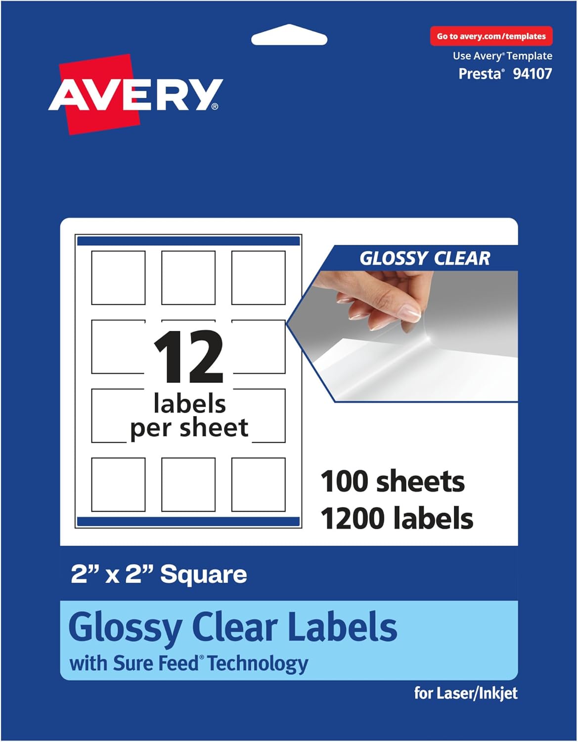 Avery Glossy Clear Square Labels, Sure Feed Technology, 2" x 2", 1,200 Glossy Clear Labels, Print-to-The-Edge, Laser/Inkjet Printable
