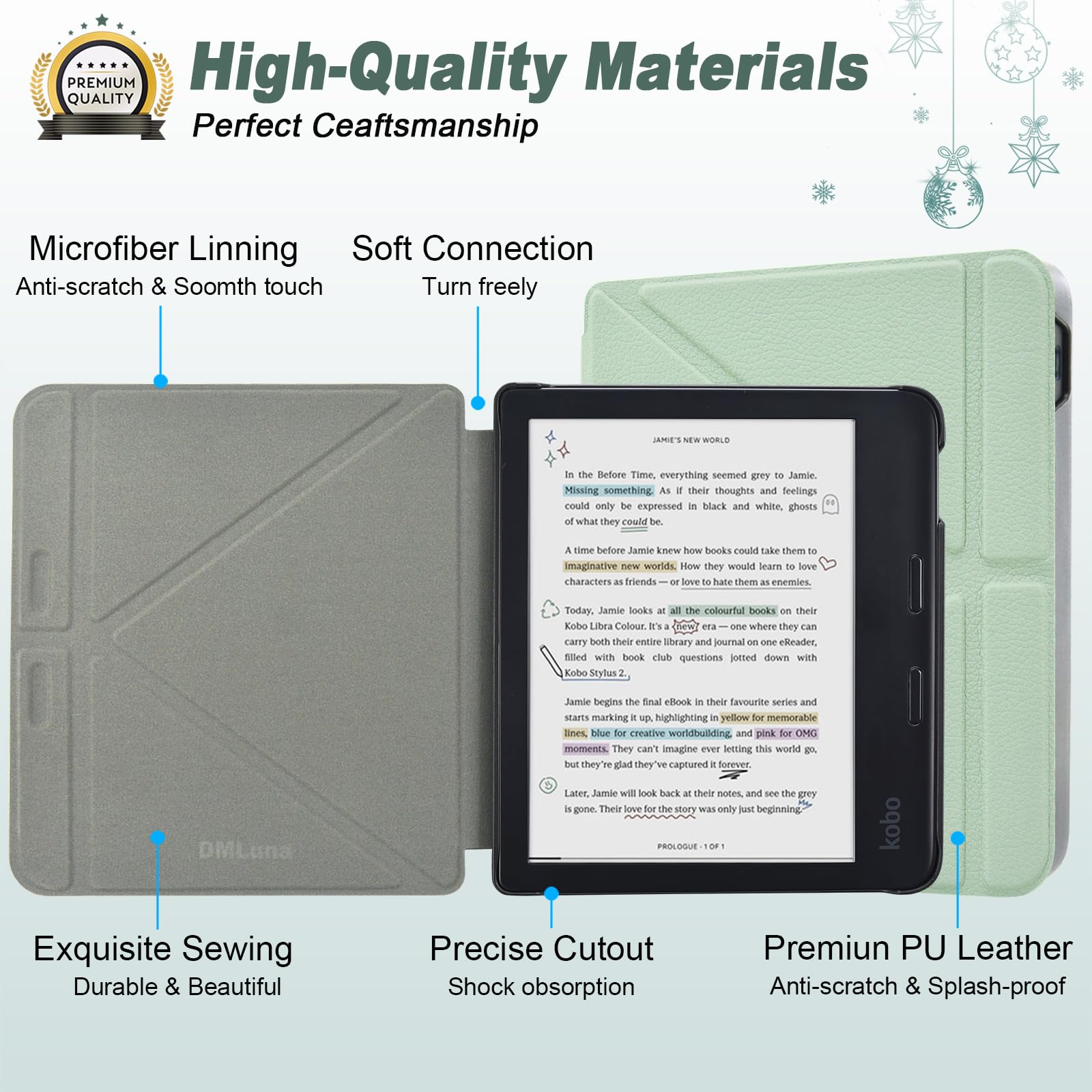 DMLuna Étui pour Kobo Libra Colour 7" (Modèle N428 2024) - Coque légère en Cuir PU de qualité supérieure avec Support Auto Sleep/Wake, Agave Green